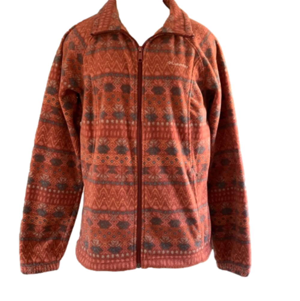 Columbia large rust colored patterned zip up fleece jacket
